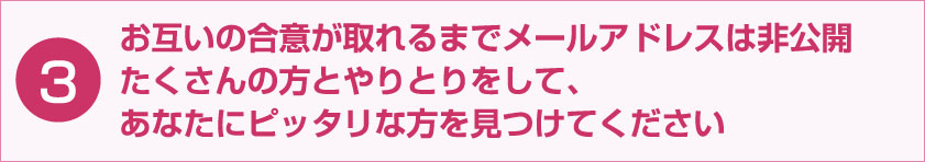 お互いの合意が取れるまでメールアドレスは非公開 たくさんの方とやりとりをして、あなたにピッタリの方を見つけてください