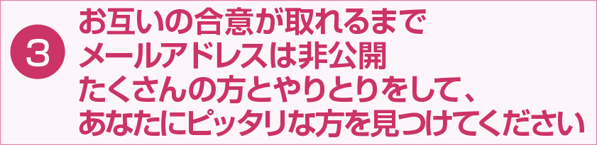 お互いの合意が取れるまでメールアドレスは非公開 たくさんの方とやりとりをして、あなたにピッタリの方を見つけて下さい